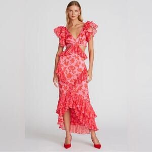 AMUR Gen Cut Out Pink Floral Silk Ruffles
Formal Black Tie Evening Gown Size 2